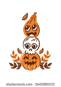 kawaii Halloween illustration features a charming pyramid of cute pumpkins, an adorable skull. The playful design blends spooky and sweet elements, perfect for festive decorations, seasonal projects.