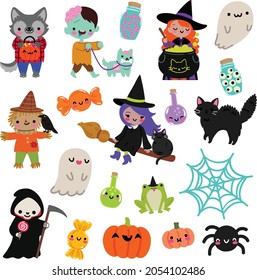 Kawaii Halloween monsters vector illustration set