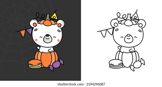 Kawaii Halloween Polar Bear Clipart Multicolored And Black And White. Cute Kawaii Halloween Animal. Cute Vector Illustration Of A Kawaii Halloween Bear Inside A Pumpkin.
