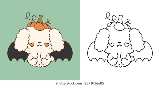 Kawaii Halloween Poodle Dog Clipart Multicolored and Black and White. Cute Kawaii Halloween Puppy. Cute Vector Illustration of a Kawaii Halloween Animal in a Vampire Costume. 