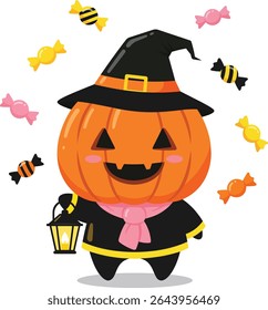 Kawaii Halloween Pumpkin Character with Lantern and Floating Candy
