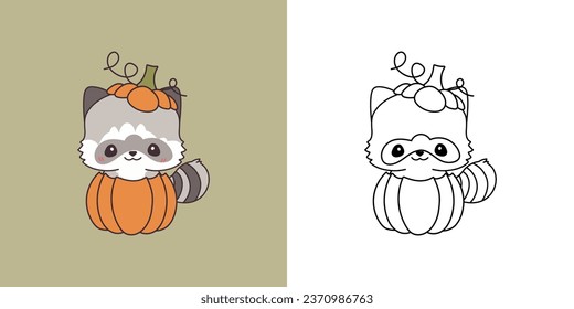 Kawaii Halloween Raccoon Clipart Multicolored and Black and White. Cute Kawaii Halloween Forest Animal. Cute Vector Illustration of a Kawaii Halloween Animal Inside a Pumpkin. 