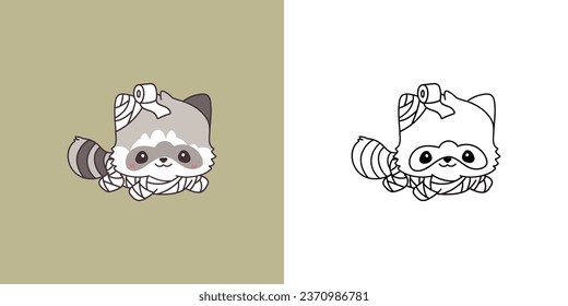 Kawaii Halloween Raccoon Multicolored and Black and White. Beautiful Clip Art Halloween Forest Animal. Cute Vector Illustration of a Kawaii Halloween Animal in Mummy Costume. 