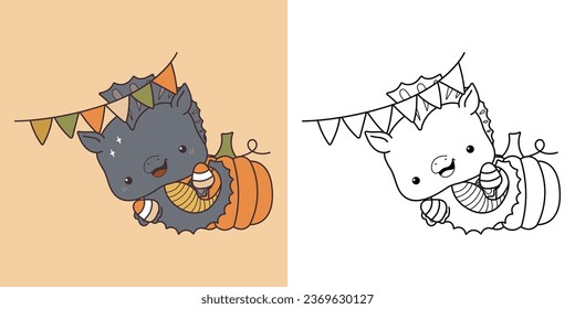 Kawaii Halloween Sea Horse Clipart Multicolored and Black and White. Cute Kawaii Halloween Ocean Animal. Cute Vector Illustration of a Kawaii Seahorse for Halloween Stickers. 