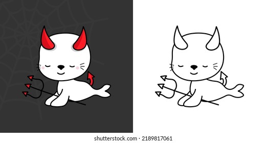 Kawaii Halloween Seal Clipart Multicolored and Black and White. Cute Kawaii Halloween Animal. Cute Vector Illustration of a Kawaii Halloween Sea Calf in Devil Costume.
