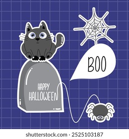 Kawaii Halloween set with black cat, spider, cobweb and spooky gravestone