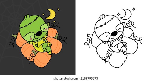 Kawaii Halloween Sloth Clipart Multicolored and Black and White. Cute Kawaii Halloween Animal. Cute Vector Illustration of a Kawaii Halloween Character in a Zombie Costume.
