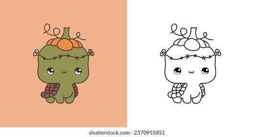 Kawaii Halloween Turtle Clipart Multicolored and Black and White. Cute Kawaii Halloween Tortoise. Cute Vector Illustration of a Kawaii Animal for Halloween Stickers. 