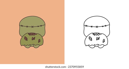 Kawaii Halloween Turtle Multicolored and Black and White. Beautiful Clip Art Halloween Tortoise. Cute Vector Illustration of a Kawaii Halloween Animal in a Zombie Costume. 