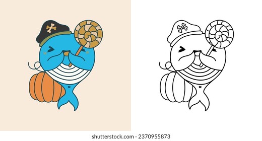 Kawaii Halloween Whale Clipart Multicolored and Black and White. Cute Kawaii Halloween Underwater Animal. Cute Vector Illustration of a Kawaii Halloween Animal in a Pirate Costume. 
