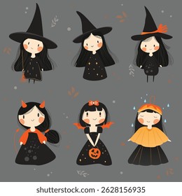 Kawaii Halloween Witch and Devil Girls Clipart Vector Set