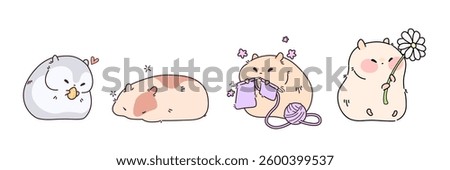 Kawaii hamster characters set - cute creatures sleeping, eating cereal grain, smiling while holding daisy flower, knitting with yarn. Adorable chubby rodents. Funny cartoon animals with blush cheeks.