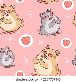 Kawaii Hamster mit Herzen in den Augen. Schöne Maus. Nahtloses Muster auf rosafarbenem Hintergrund.