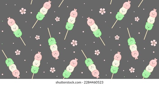 Kawaii Hanami dango in the form of cute animals on a gray background with sakura flowers. Endless texture with Japanese dessert characters on a stick. Vector seamless pattern for wrapping paper, print