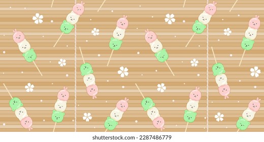 Kawaii Hanami Dango in the form of cute animals on a bamboo mat background with white sakura flowers. Endless texture with Japanese dessert characters on a stick. Vector seamless pattern for giftwrap