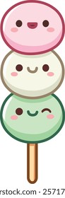 Kawaii Hanami Dango on a stick, cute happy pink, white, and green mochi faces