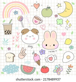 Kawaii mano dibujar doodle conjunto de etiquetas de parche de moda para pegatinas , postal , invitación . ilustración vectorial para niños