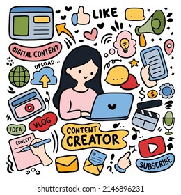 kawaii hand drawn content creator, digital marketing, vlog doodle vector illustration