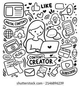 creador de contenido dibujado a mano por kawaii, marketing digital, ilustración vlog doodle vector