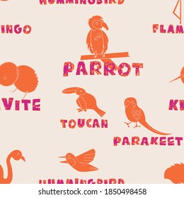 Kawaii hand drawn exotic birds with text repeat