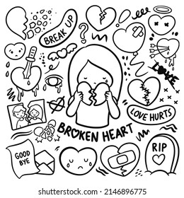 kawaii hand drawn heart broken doodle vector illustration