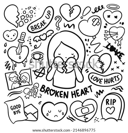 kawaii hand drawn heart broken doodle vector illustration