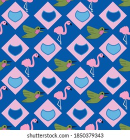 Kawaii Hand drawn hummingbirds and flamingos