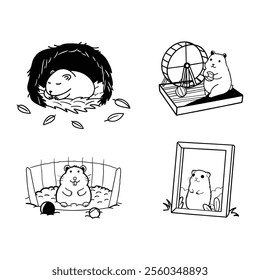 kawaii hand drawn line art doodle hamster set illustration.