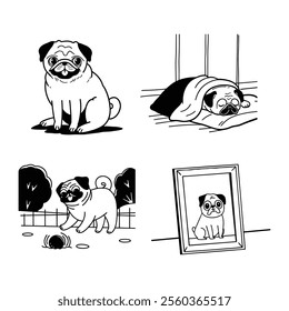 kawaii hand drawn line art doodle pug dog set illustration.