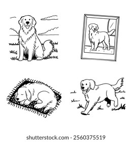 kawaii hand drawn line art doodle golden retriever dog set illustration.