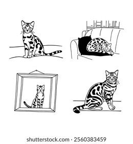 kawaii hand drawn line art doodle bengal cat set illustration.