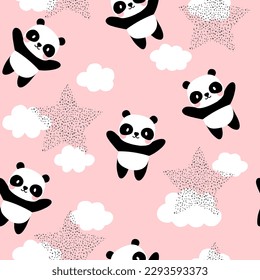 Kawaii hand drawn panda bear with clouds and stars in the sky, pink baby girl and boy seamless pattern background, kids cute woodland animals fabric and textile, baby curtains print design.