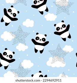 Kawaii hand drawn panda bear with clouds and stars in the sky, blue baby girl and boy seamless pattern background, kids cute woodland animals fabric and textile, baby curtains print design.