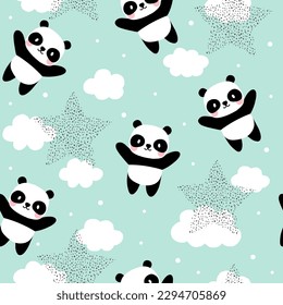 Kawaii hand drawn panda bear with clouds and stars in the sky, mint green baby girl and boy seamless pattern background, kids cute woodland animals fabric and textile, baby curtains print design.