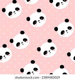 Kawaii hand drawn panda bear on a pink polka dot texture background, pink baby girl seamless pattern, kids cute woodland animals fabric and textile print design.