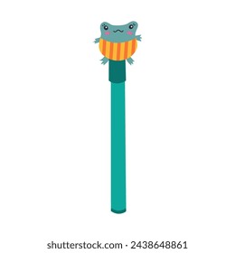 Kawaii hand drawn pen with cute frog in shorts on the cap in cartoon style. Kids ball ink pen with toad face for drawing and writing. Back to school supply. Stationery for study, work vector clipart.