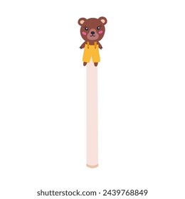 Kawaii hand drawn pen with cute brown bear in overalls on the cap in cartoon style. Kids ball ink pen with wild bear face for drawing and writing. Back to school supply. Stationery for study, work.