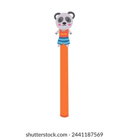 Kawaii hand drawn pen with cute panda in t shirt and shorts on the cap in cartoon style. Kids ball ink pen with wild bear face for drawing, writing. Back to school supply. Stationery for study, work.