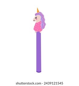 Kawaii hand drawn pen with unicorn in the dress on the cap in cartoon style. Kids ball ink pen with animal head for drawing and writing. Back to school supply and stationery for study and work.