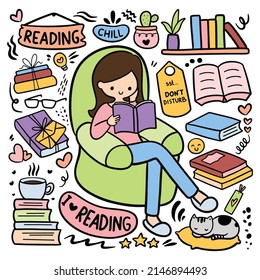 kawaii hand drawn reading book hobby doodle vector illustration