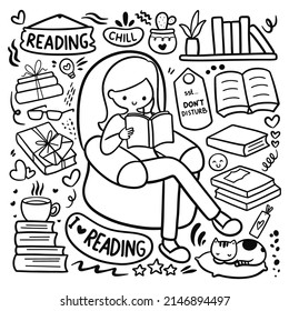 kawaii hand drawn reading book hobby doodle vector illustration
