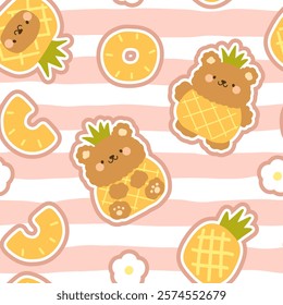 kawaii hand drawn teddy bear with pineapple on a stripes, pink pastel background, kids seamless pattern with food