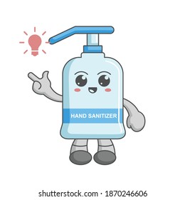Kawaii hand sanitizer character cartoon design concept have an idea with lamp icon