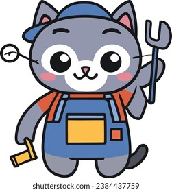 Kawaii handyman cat sticker vector