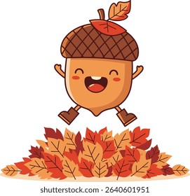 Kawaii Happy Acorn Character Jumping in Autumn Leaves Vector Illustration