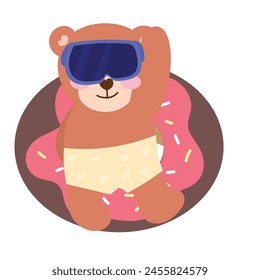 kawaii happy bear on summer season. swimming, eat watermelon, summer vacation
