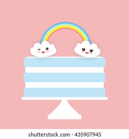 Kawaii Happy Birthday Sweet strawberry sky blue cake, white cream, clouds, rainbow, banner design, card template, pastel colors on pink background. Vector