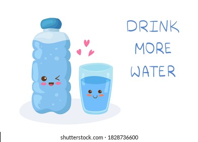 Kawaii Happy Bottle Of Water And Funny Glass Of Water Stock Vector Illustration Isolated On White Background. Use For Card, Poster, Web Design, T-shirt Print. Drink More Water Lettering For Children.