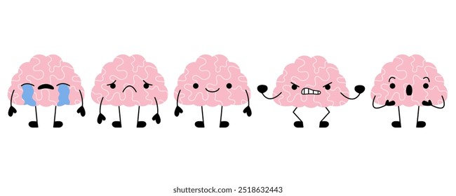 Kawaii feliz personagem cerebral e triste chorando personagem cerebral. Cérebro humano com rosto. Personagem de desenho animado isolado em fundo branco. Símbolos desenhados à mão de mente saudável e depressiva.