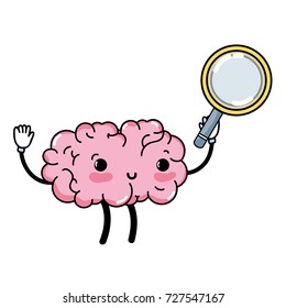 kawaii happy brain with magnifying glass